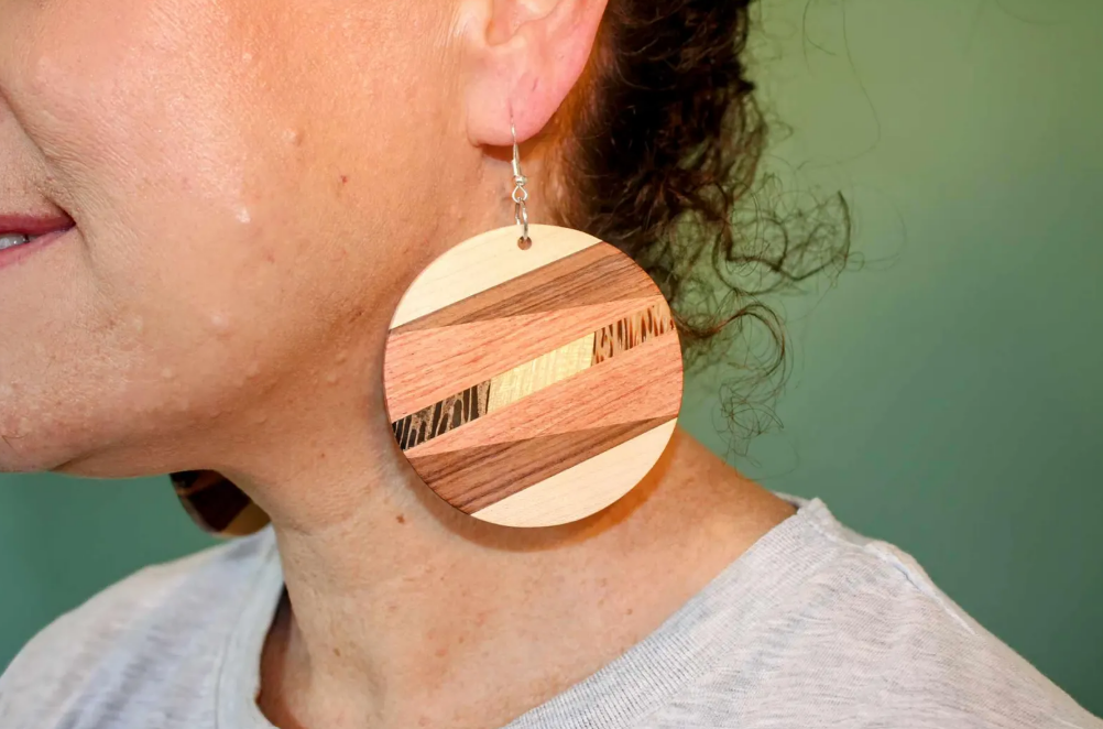 Earrings..Handmade Rosewood and maple circular dangle drop earrings with sterling silver/rose gold hypoallergenic hooks in a bohemian style