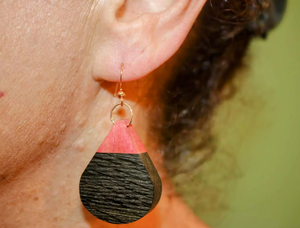 Wooden earrings (English bog oak with pink ivory wood in a candy cone shape with rose gold or sterling silver shepherd hypoallergenic hooks)