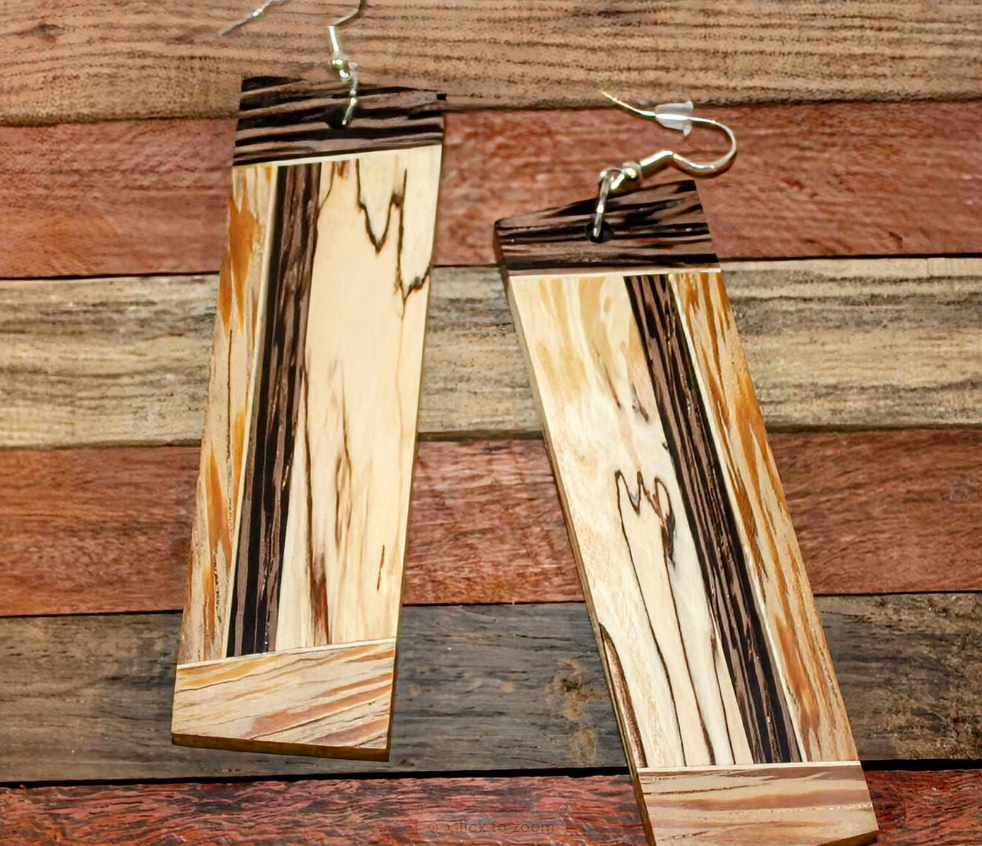 Earrings... Spalted birch and wenge handmade wooden earrings with sterling silver/rose gold hypoallergenic shepherd hooks in a rustic style
