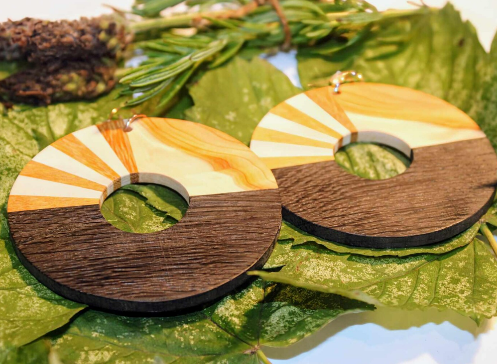 Earrings..English bog oak and Osage handmade circular dangle drop wooden hooped earrings with hypoallergenic sterling silver/rose gold hooks