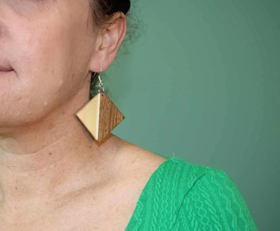 Earrings.... Holy wood (Palo Santo) and yellowheart diamond shaped dangle drop wooden earrings with sterling silver or rose gold hooks
