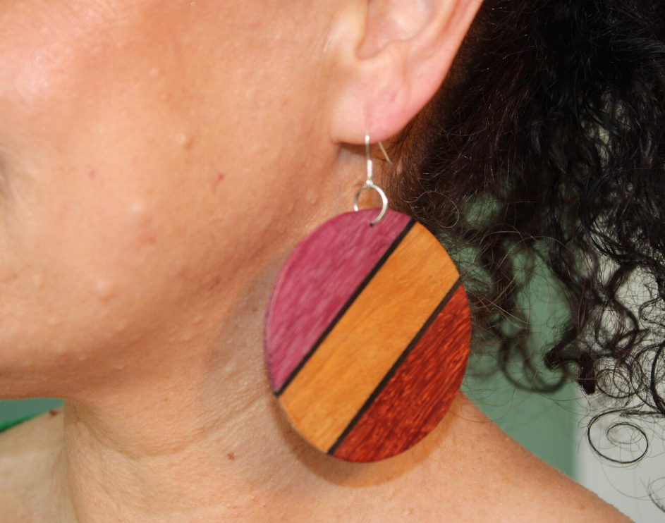Earrings... Unique circular purple yellow and red handmade dangle drop quality wood earrings with sterling silver hooks