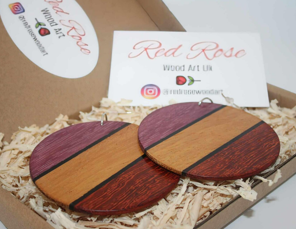 Earrings... Unique circular purple yellow and red handmade dangle drop quality wood earrings with sterling silver hooks