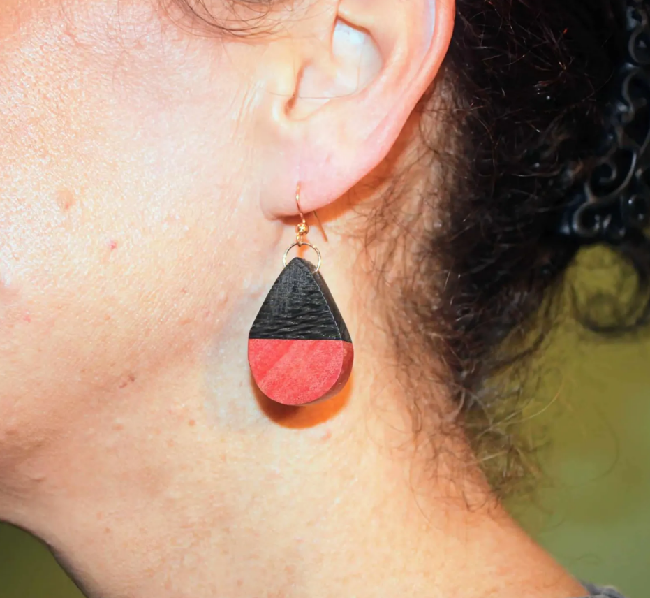 Wooden earrings. English bog oak with pink ivory wood in a candy cone shape with rose gold or sterling silver shepherd hypoallergenic hooks
