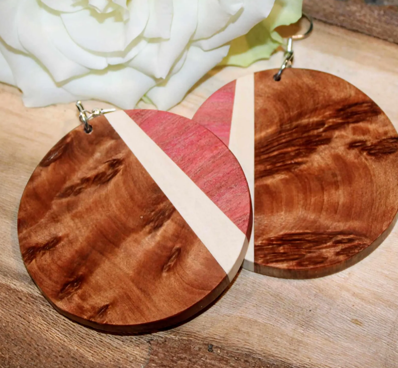 Earrings...Thuya burr, Pink ivory wood circular dangle drop quality wooden earrings with sterling silver/rose gold hypoallergenic hooks