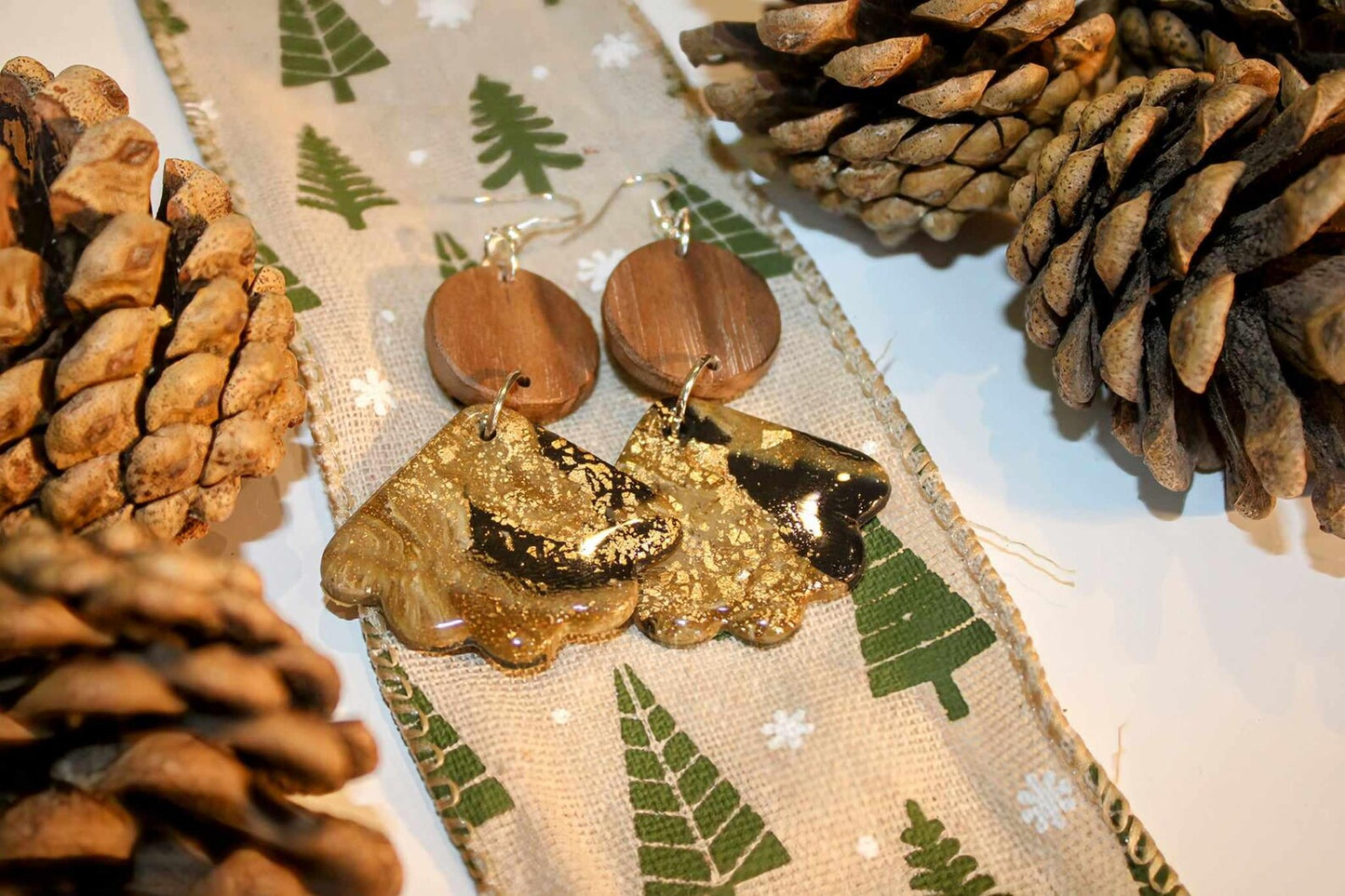 Earrings.. Walnut and polymer clay dangle drop handmade earrings with either sterling silver or rose gold hypoallergenic hooks