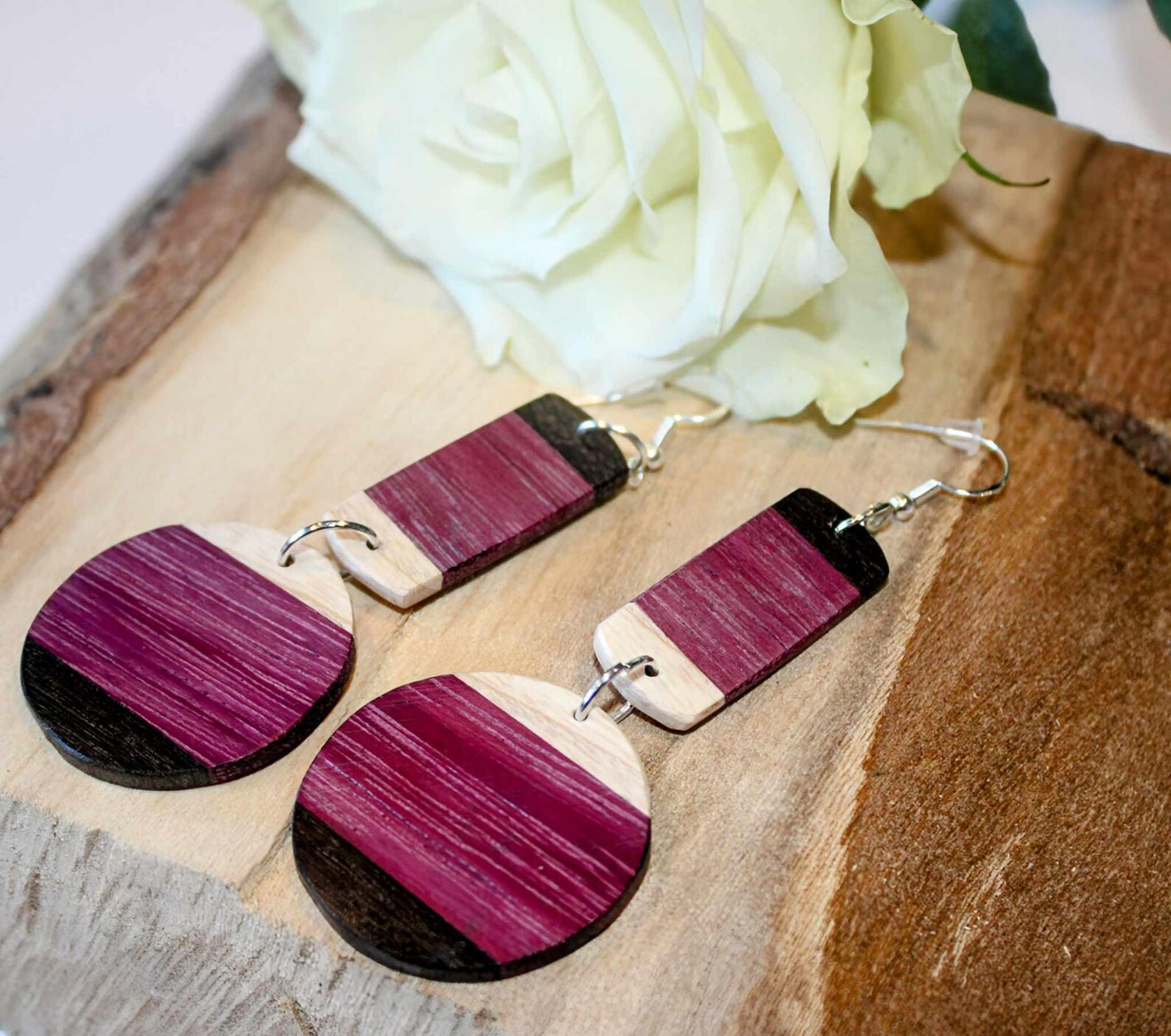 Handmade 2 piece wood earrings with sterling silver/rose gold shepherd hooks, NO paints or dyes just beautiful exotic woods
