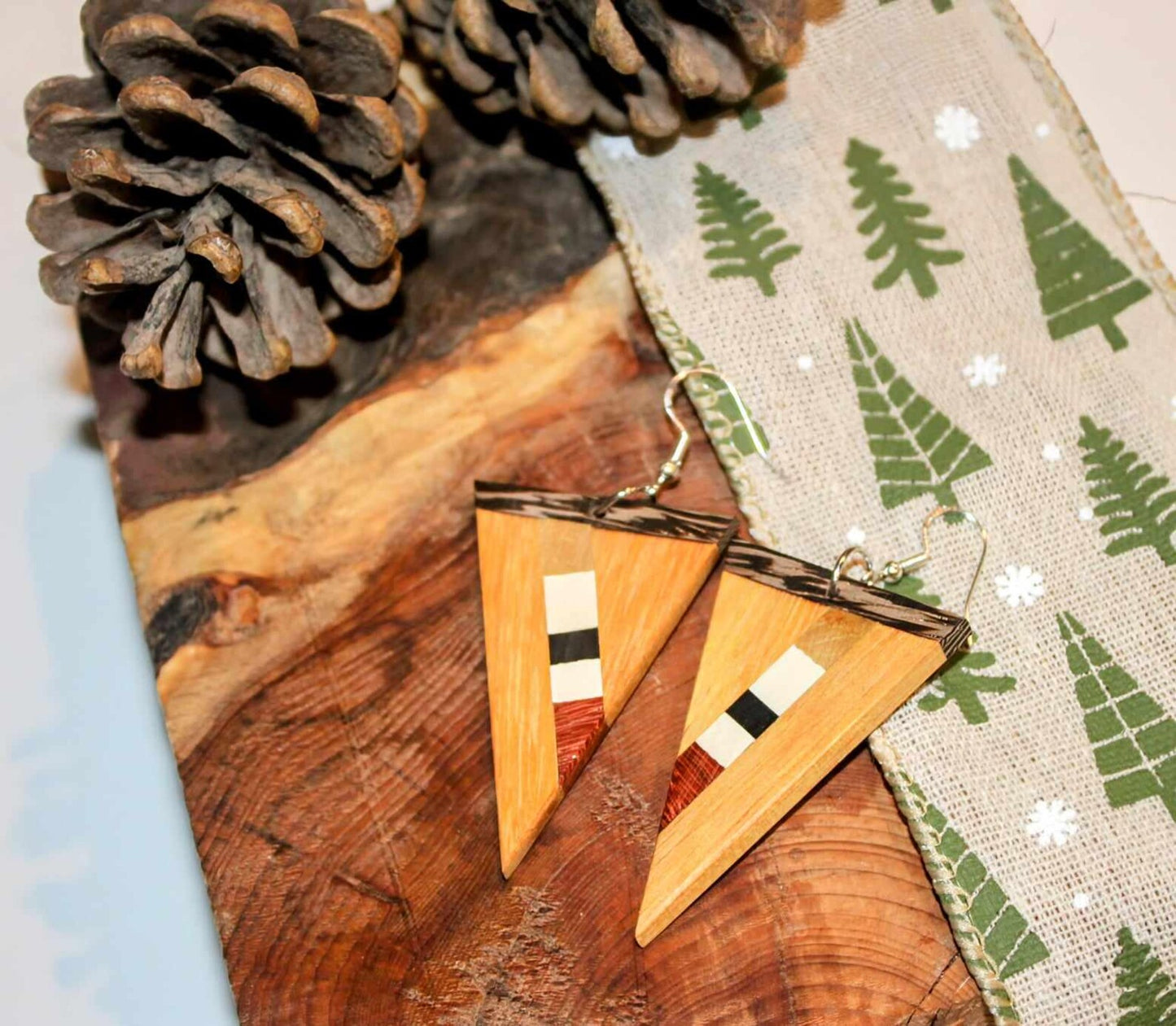 Earrings.. English holly and osage wood in a triangle shaped handmade earring with sterling silver or rose gold hypoallergenic hooks