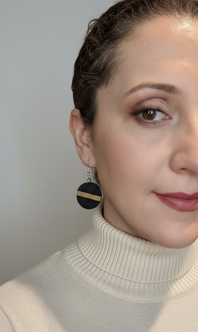 Circular Drop Earrings – English Bog Oak, Holly Veneers & Yellowheart.