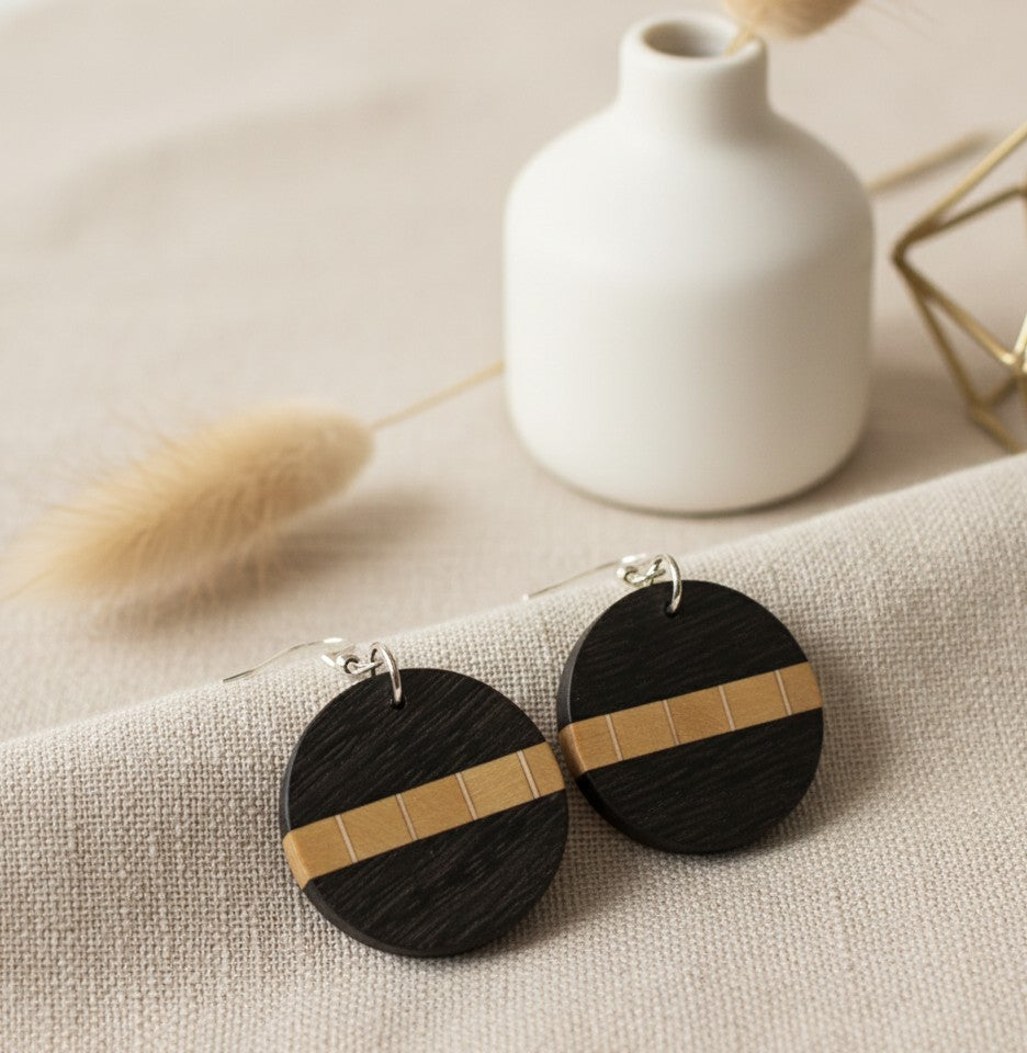 Circular Drop Earrings – English Bog Oak, Holly Veneers & Yellowheart.