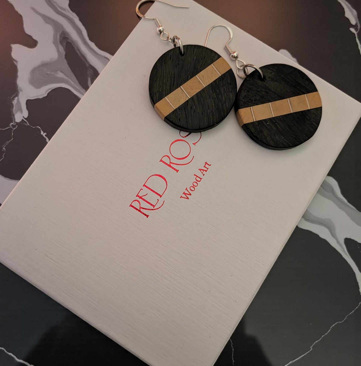 Circular Drop Earrings – English Bog Oak, Holly Veneers & Yellowheart.