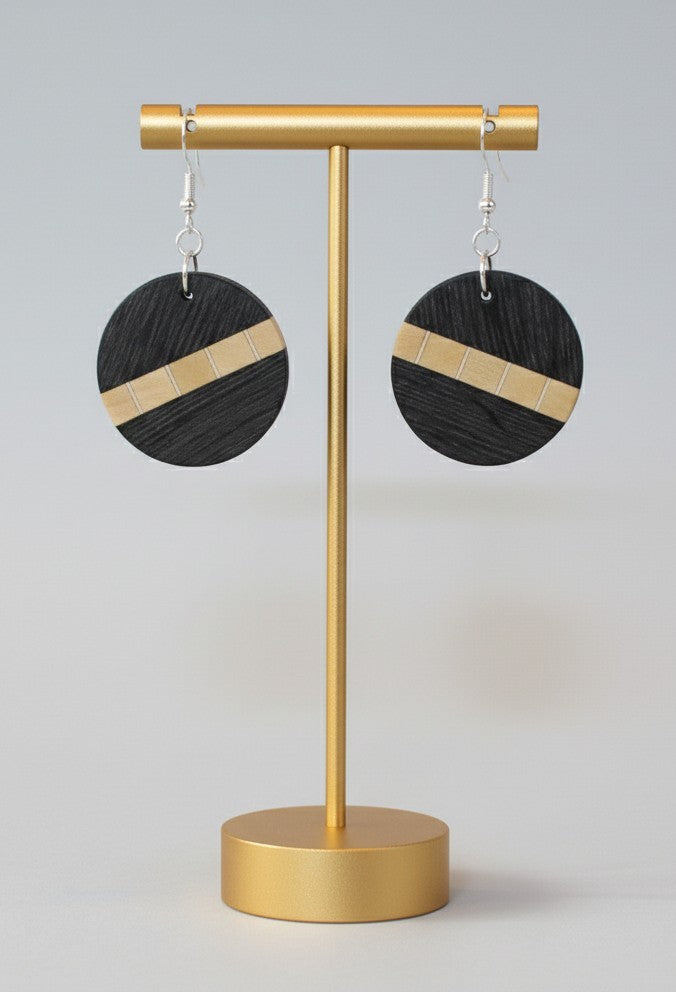 Circular Drop Earrings – English Bog Oak, Holly Veneers & Yellowheart.