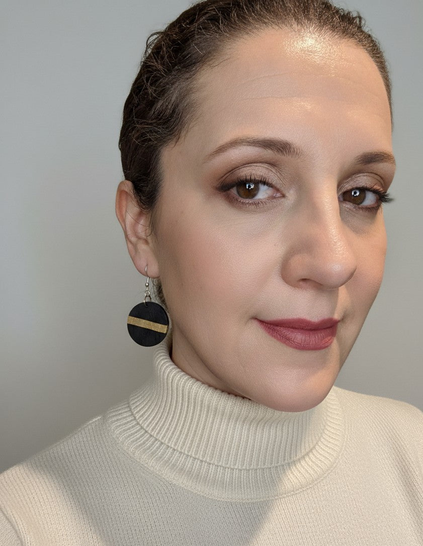 Circular Drop Earrings – English Bog Oak, Holly Veneers & Yellowheart.