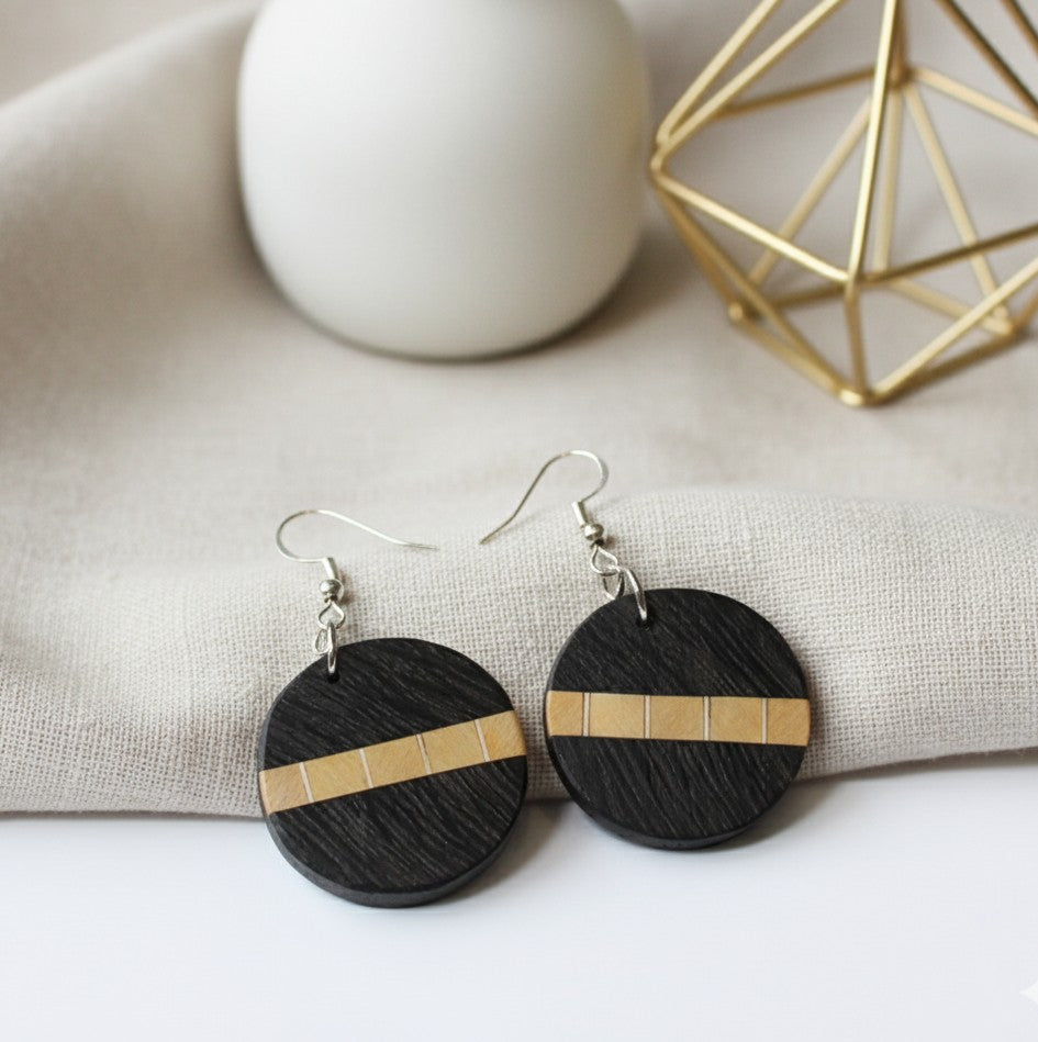 Circular Drop Earrings – English Bog Oak, Holly Veneers & Yellowheart.