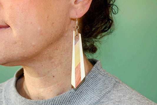Earrings.. Rosewood and Holly handmade dangle drop wooden earrings with hypoallergenic Sterling silver/rose gold fittings in a modern design