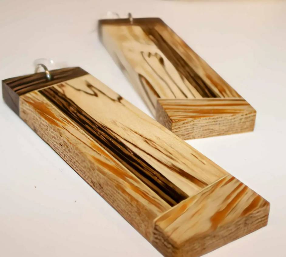 Earrings... Spalted birch and wenge handmade wooden earrings with sterling silver/rose gold hypoallergenic shepherd hooks in a rustic style