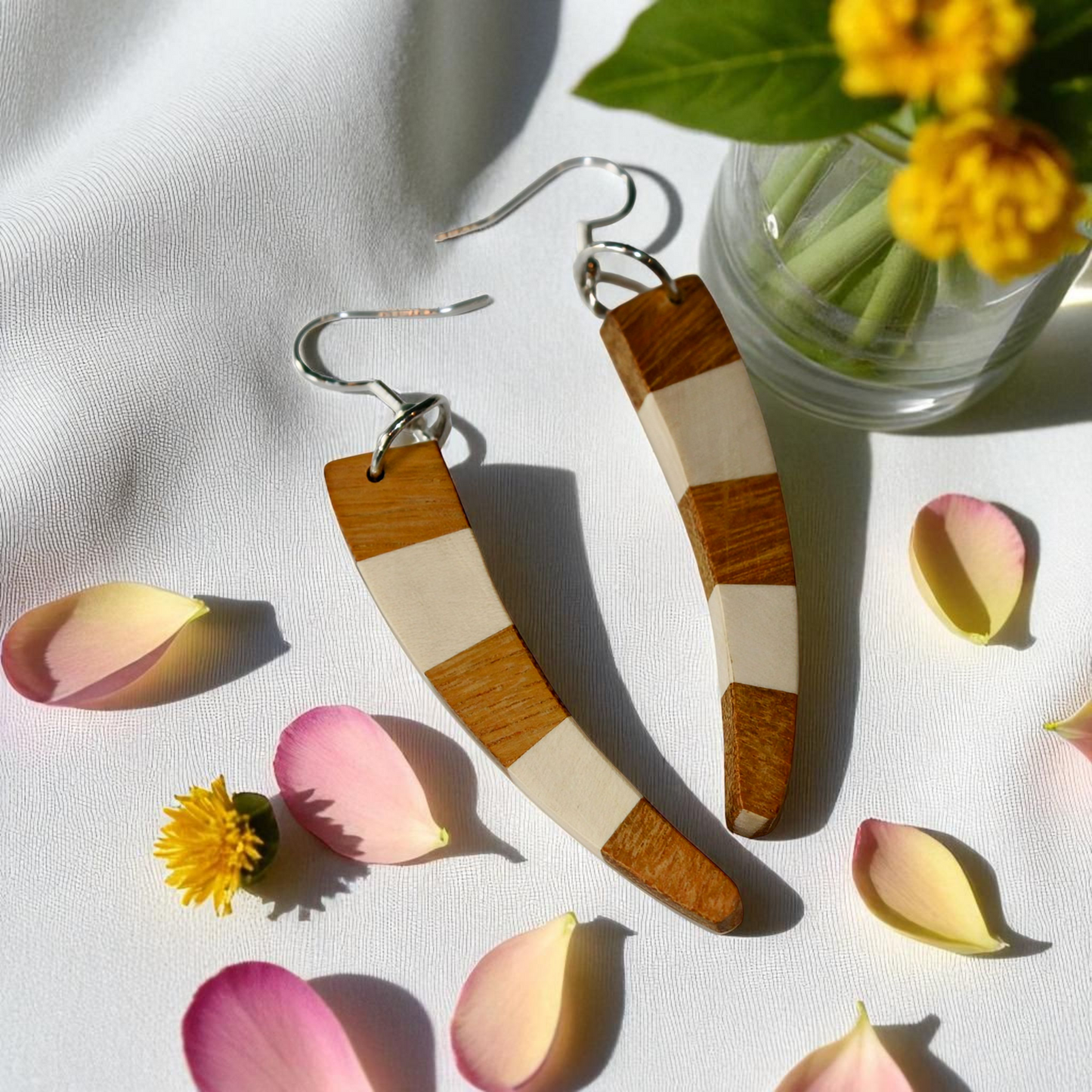 Sabre Curve Earrings – English Holly & Yellowheart