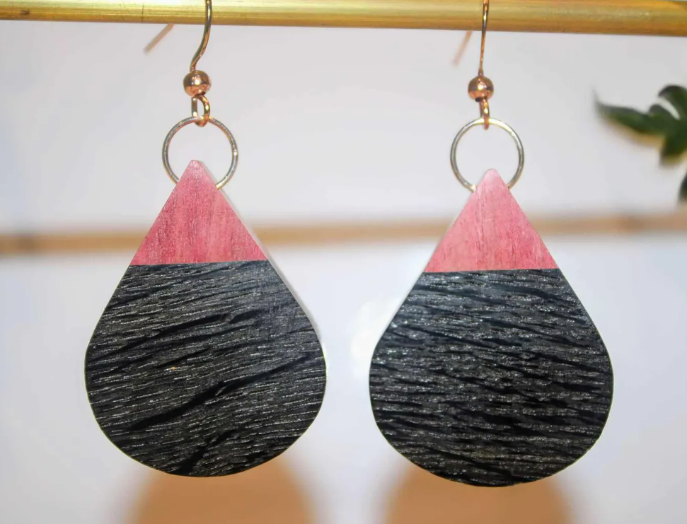 Wooden earrings (English bog oak with pink ivory wood in a candy cone shape with rose gold or sterling silver shepherd hypoallergenic hooks)