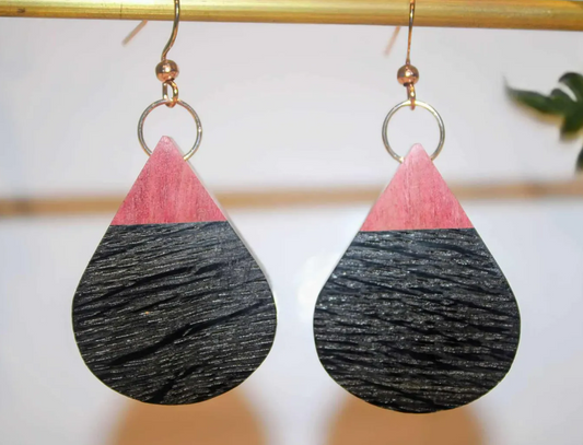 Wooden earrings (English bog oak with pink ivory wood in a candy cone shape with rose gold or sterling silver shepherd hypoallergenic hooks)