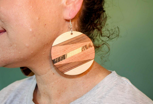 Earrings..Handmade Rosewood and maple circular dangle drop earrings with sterling silver/rose gold hypoallergenic hooks in a bohemian style