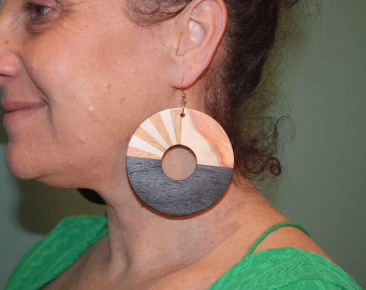 Earrings..English bog oak and Osage handmade circular dangle drop wooden hooped earrings with hypoallergenic sterling silver/rose gold hooks
