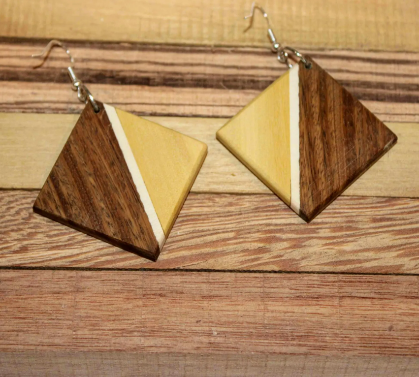 Earrings.... Holy wood (Palo Santo) and yellowheart diamond shaped dangle drop wooden earrings with sterling silver or rose gold hooks