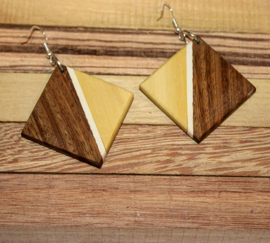 Earrings.... Holy wood (Palo Santo) and yellowheart diamond shaped dangle drop wooden earrings with sterling silver or rose gold hooks