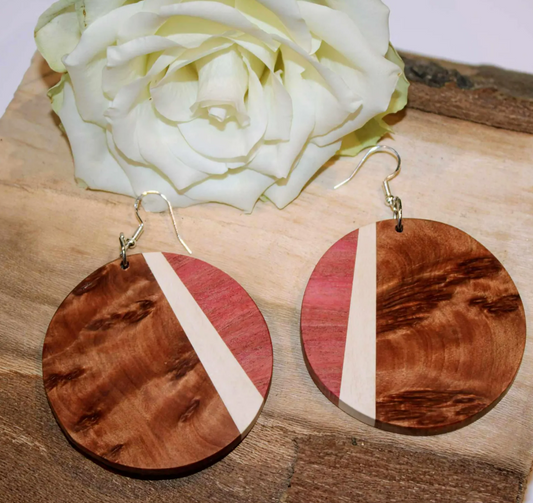 Earrings...Thuya burr, Pink ivory wood circular dangle drop quality wooden earrings with sterling silver/rose gold hypoallergenic hooks