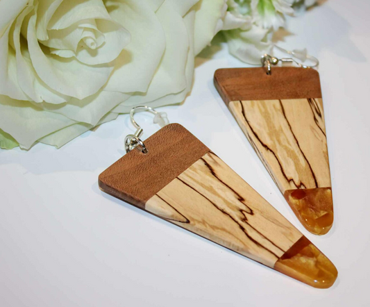 Earrings.... Spalted birch and cherry wood, gold resin triangular shaped drop earrings with sterling silver or Rose Gold Shepherd hooks
