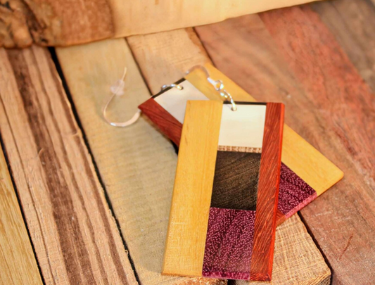 Earrings....Colourful rectangle shaped quality handcrafted wooden earrings with sterling silver/rose gold shepherd hypoallergenic hooks