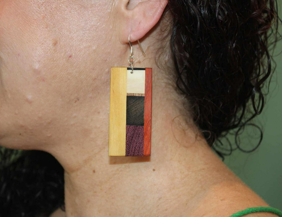 Earrings....Colourful rectangle shaped quality handcrafted wooden earrings with sterling silver/rose gold shepherd hypoallergenic hooks