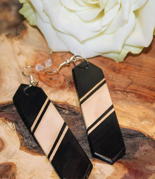 Earrings... African blackwood & holly dangle drop earrings with hypoallergenic sterling silver/rose gold shepherd hooks in a vintage look