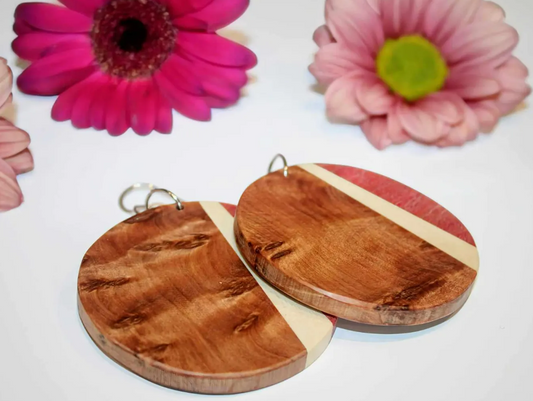 Earrings...Thuya burr, Pink ivory wood circular dangle drop quality wooden earrings with sterling silver/rose gold hypoallergenic hooks