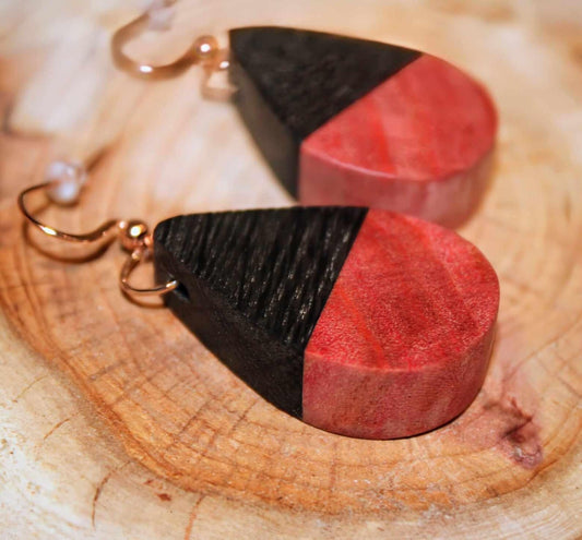 Wooden earrings. English bog oak with pink ivory wood in a candy cone shape with rose gold or sterling silver shepherd hypoallergenic hooks