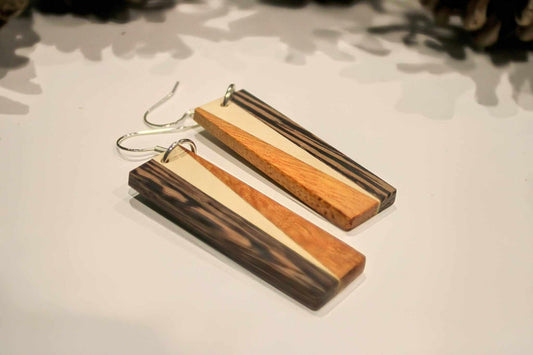 Earrings.. English holly and wenge rectangle shaped dangle drop handmade earrings with sterling silver/rose gold hypoallergenic hooks