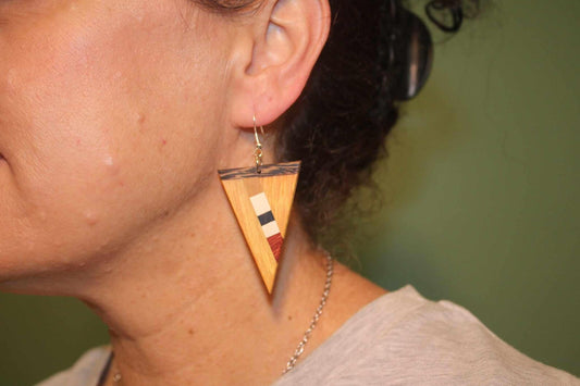 Earrings.. English holly and osage wood in a triangle shaped handmade earring with sterling silver or rose gold hypoallergenic hooks