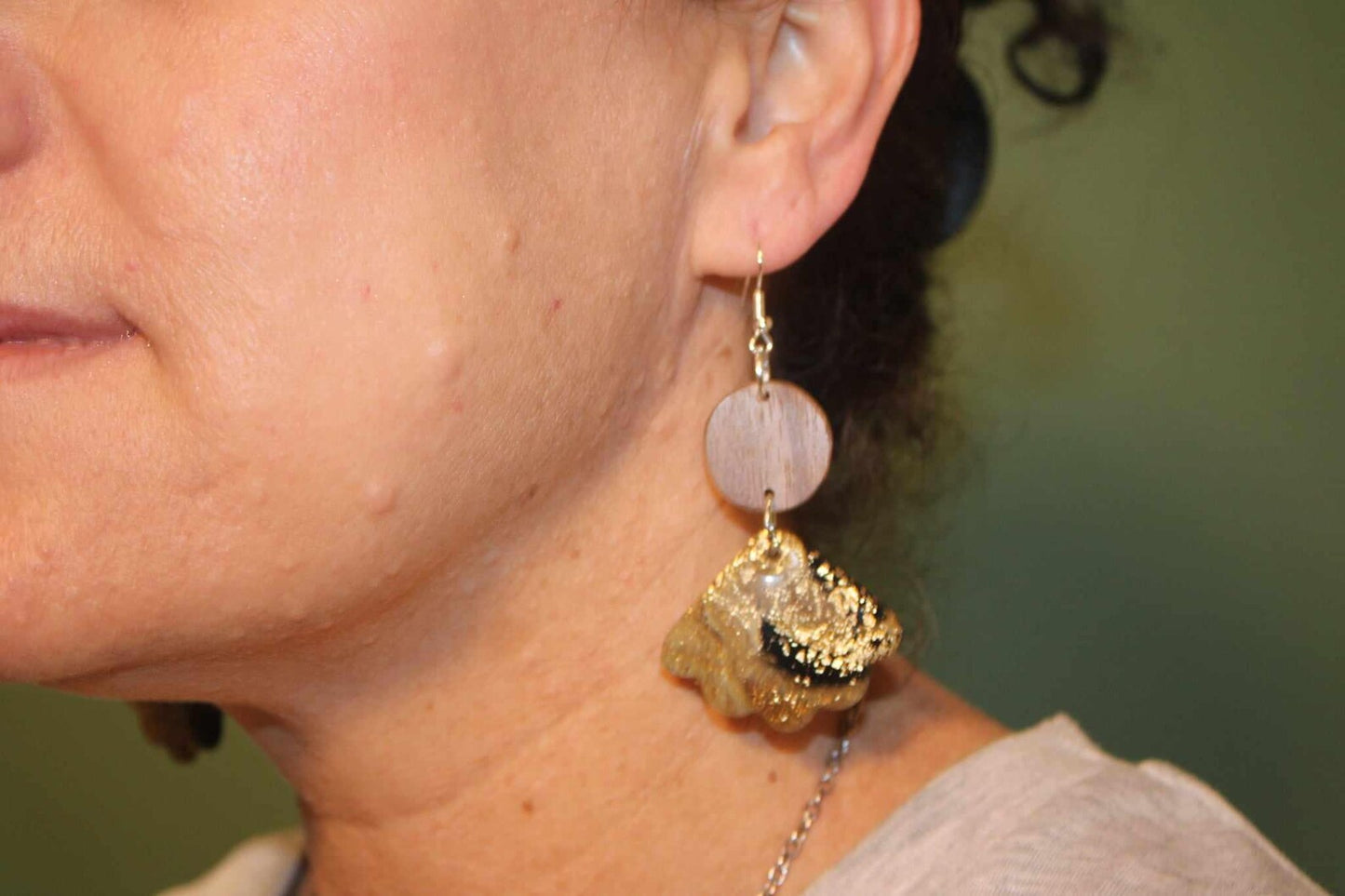 Earrings.. Walnut and polymer clay dangle drop handmade earrings with either sterling silver or rose gold hypoallergenic hooks