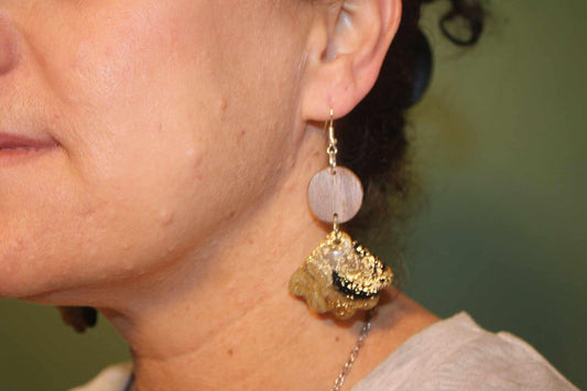 Earrings.. Walnut and polymer clay dangle drop handmade earrings with either sterling silver or rose gold hypoallergenic hooks
