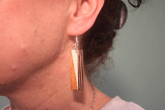 Earrings.. English holly and wenge rectangle shaped dangle drop handmade earrings with sterling silver/rose gold hypoallergenic hooks