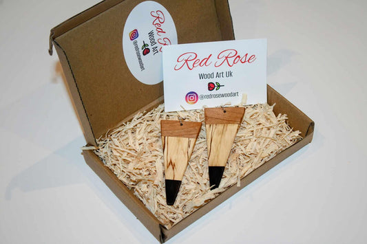 Earrings.. Spalted birch, cherry, and african blackwood in a triangle shaped earring with sterling silver or rose gold hypoallergenic hooks