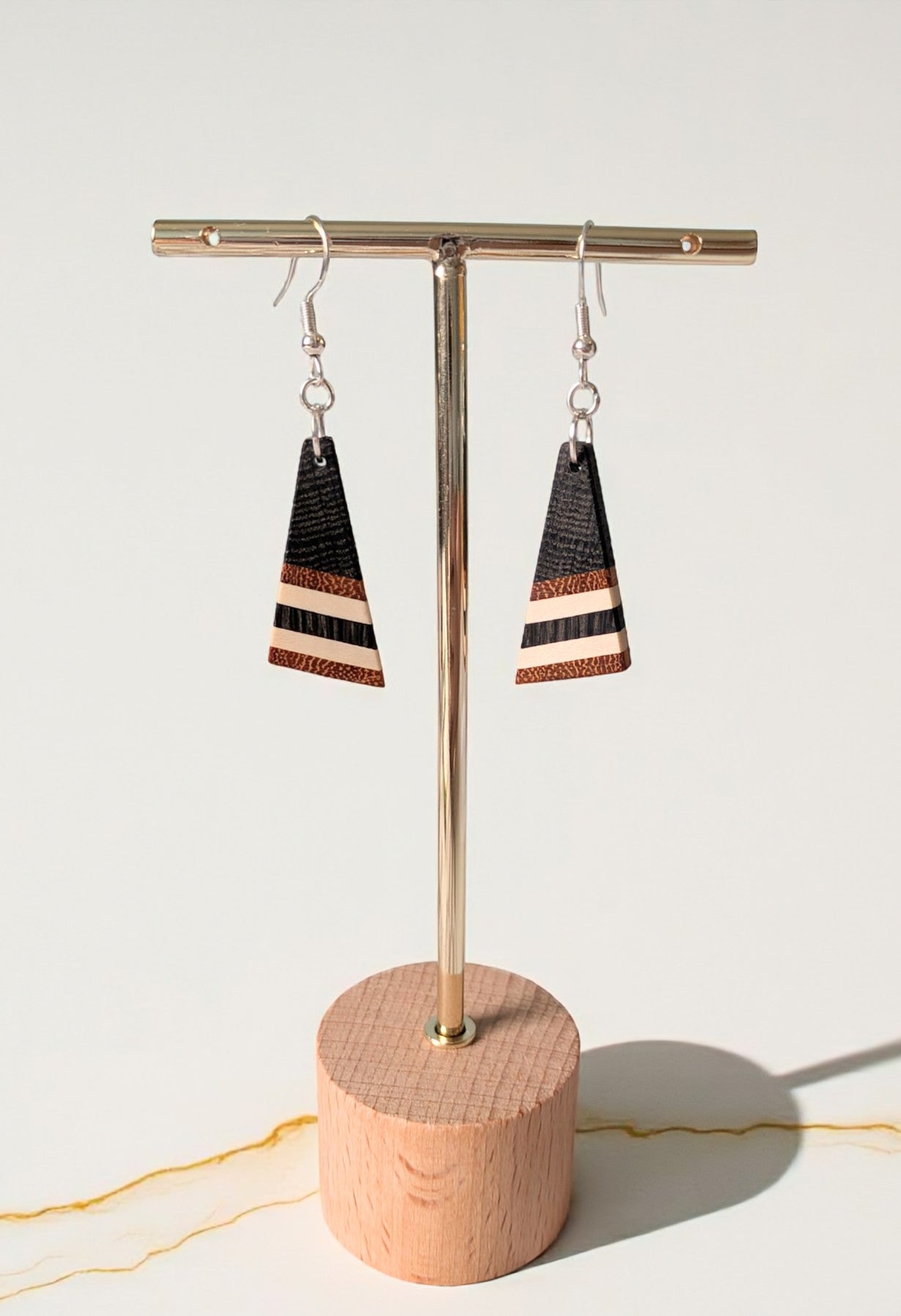 English "Bog Oak" Osage & Holly Striped Earrings