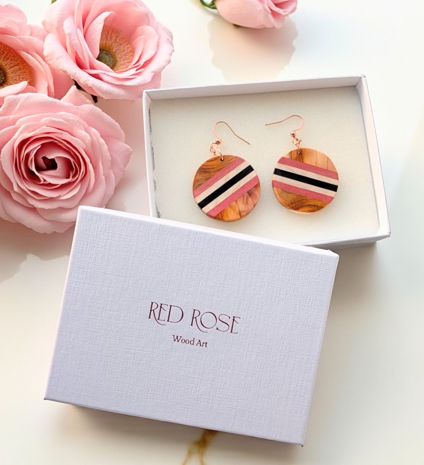 Yew in Bloom – Pink Ivory Wood, English Holly & English Yew Earrings