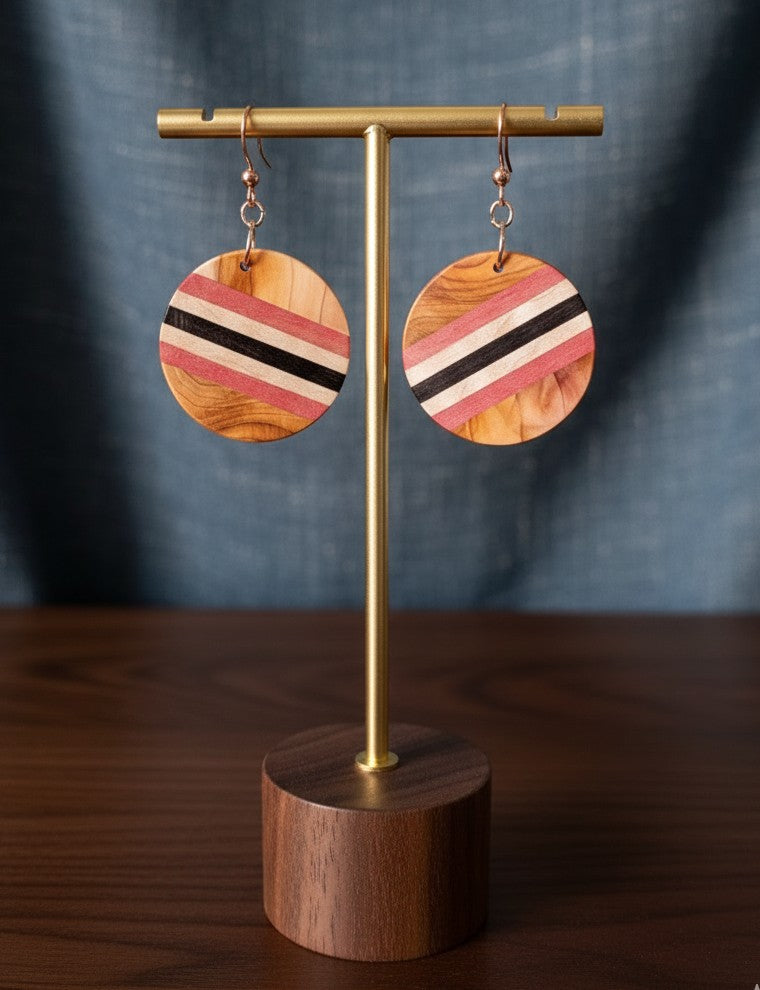 Yew in Bloom – Pink Ivory Wood, English Holly & English Yew Earrings