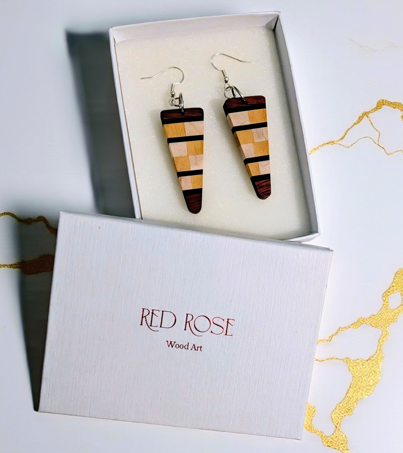English Holly, Red Oak, Yellowheart & African Blackwood Earrings