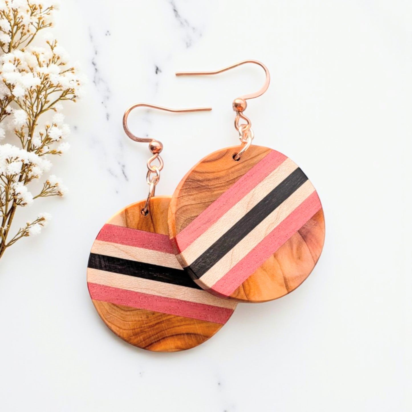 Yew in Bloom – Pink Ivory Wood, English Holly & English Yew Earrings