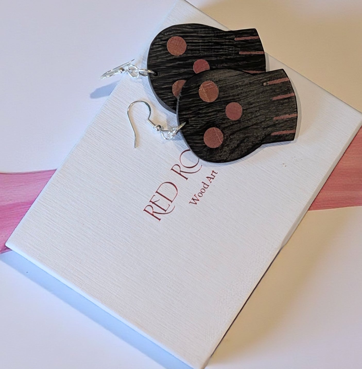 English Bog Oak & Pink Ivory Skull Earrings