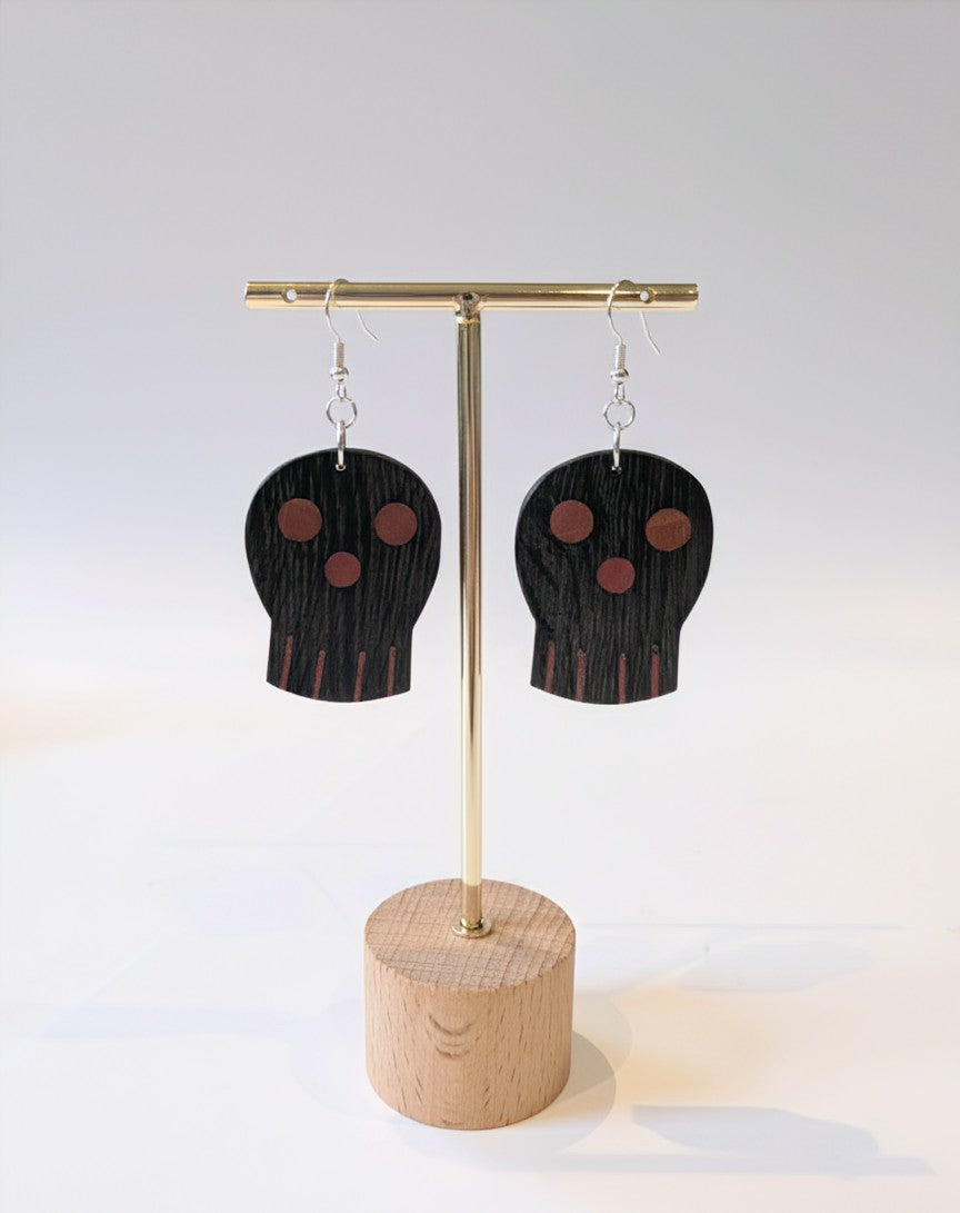 English Bog Oak & Pink Ivory Skull Earrings