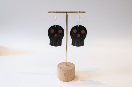 English Bog Oak & Pink Ivory Wood Skull Earrings