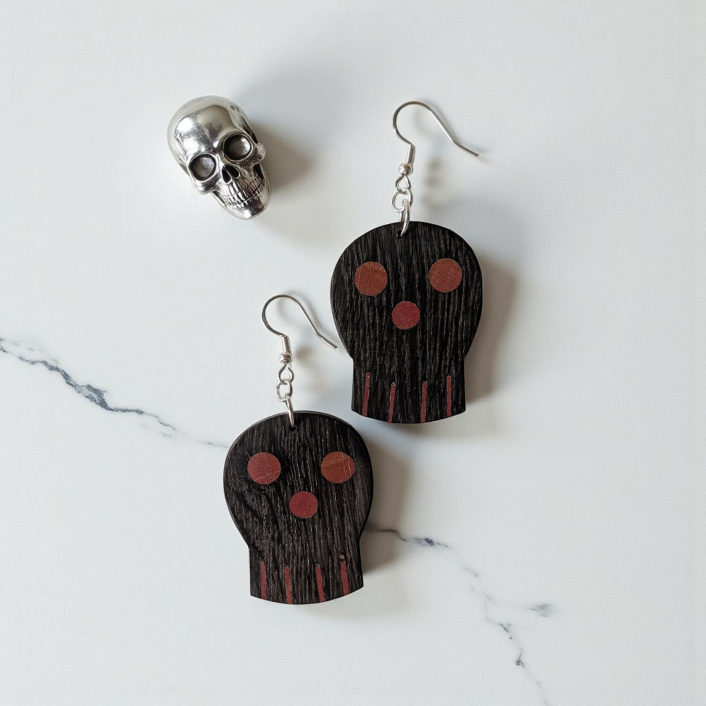 English Bog Oak & Pink Ivory Skull Earrings