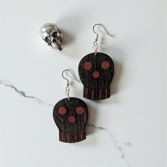 English Bog Oak & Pink Ivory Skull Earrings